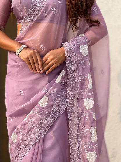 Mauve Pure Chandra Kora Silk Floral Embroidery Cutwork Saree 