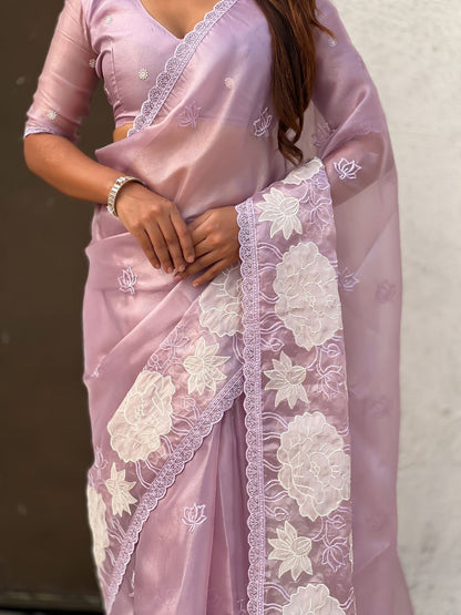 Lavender Pure Oris Silk with Lotus Embroidery &amp; Cutwork Border Saree 