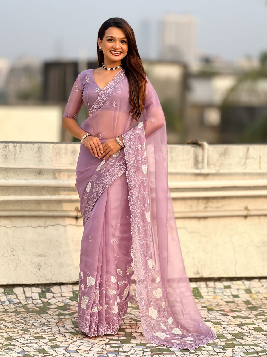 Mauve Pure Chandra Kora Silk Floral Embroidery Cutwork Saree 