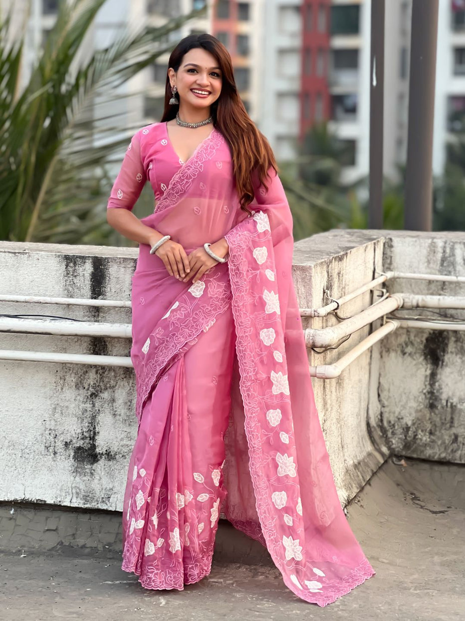 Pink Pure Chandra Kora Silk Floral Embroidery Cutwork Saree 