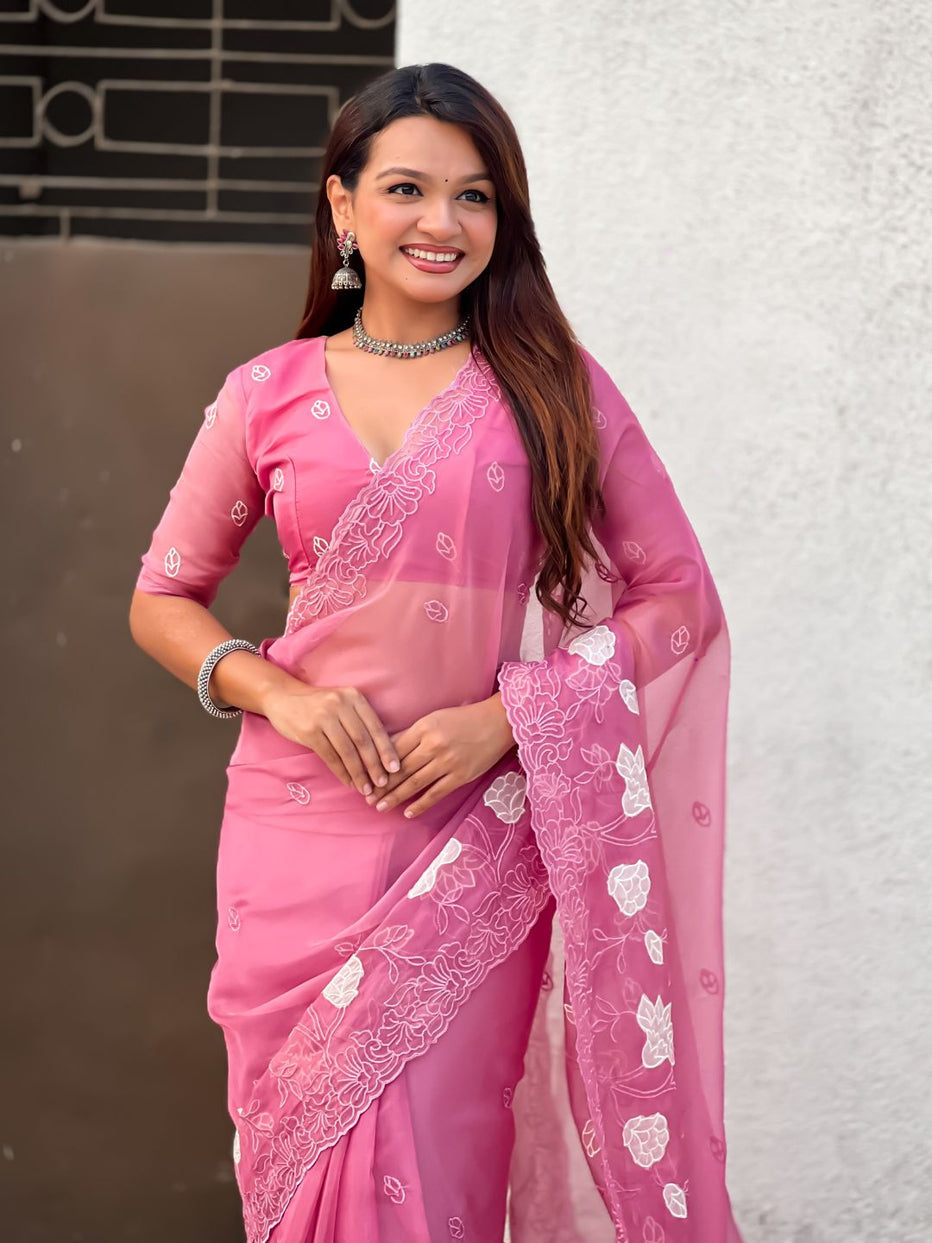 Pink Pure Chandra Kora Silk Floral Embroidery Cutwork Saree 