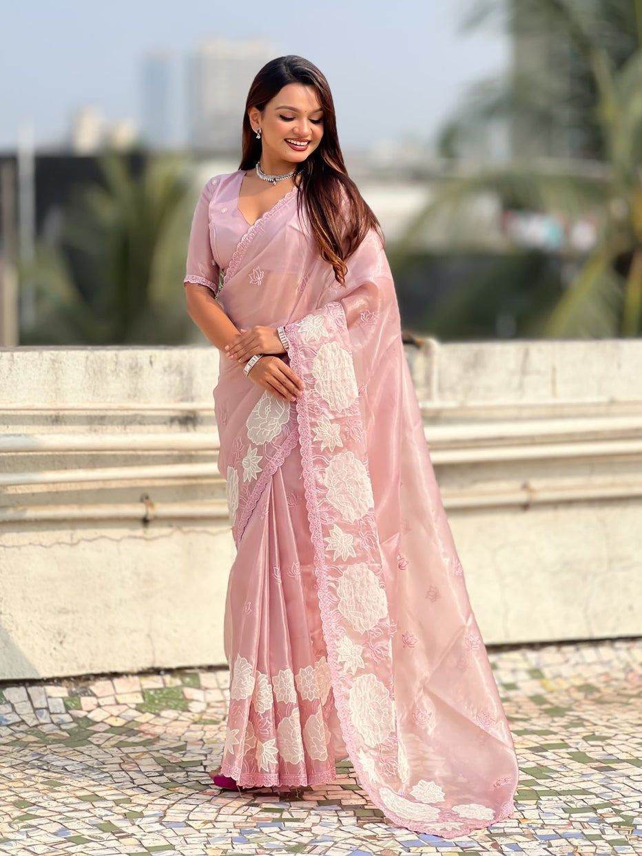 Pink Pure Oris Silk with Lotus Embroidery &amp; Cutwork Border Saree