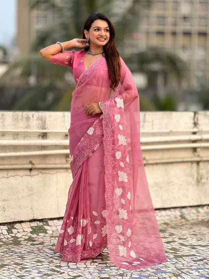 Pink Pure Chandra Kora Silk Floral Embroidery Cutwork Saree 