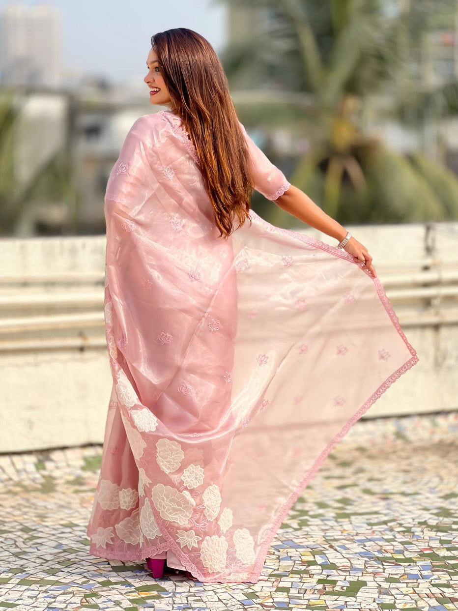 Pink Pure Oris Silk with Lotus Embroidery &amp; Cutwork Border Saree