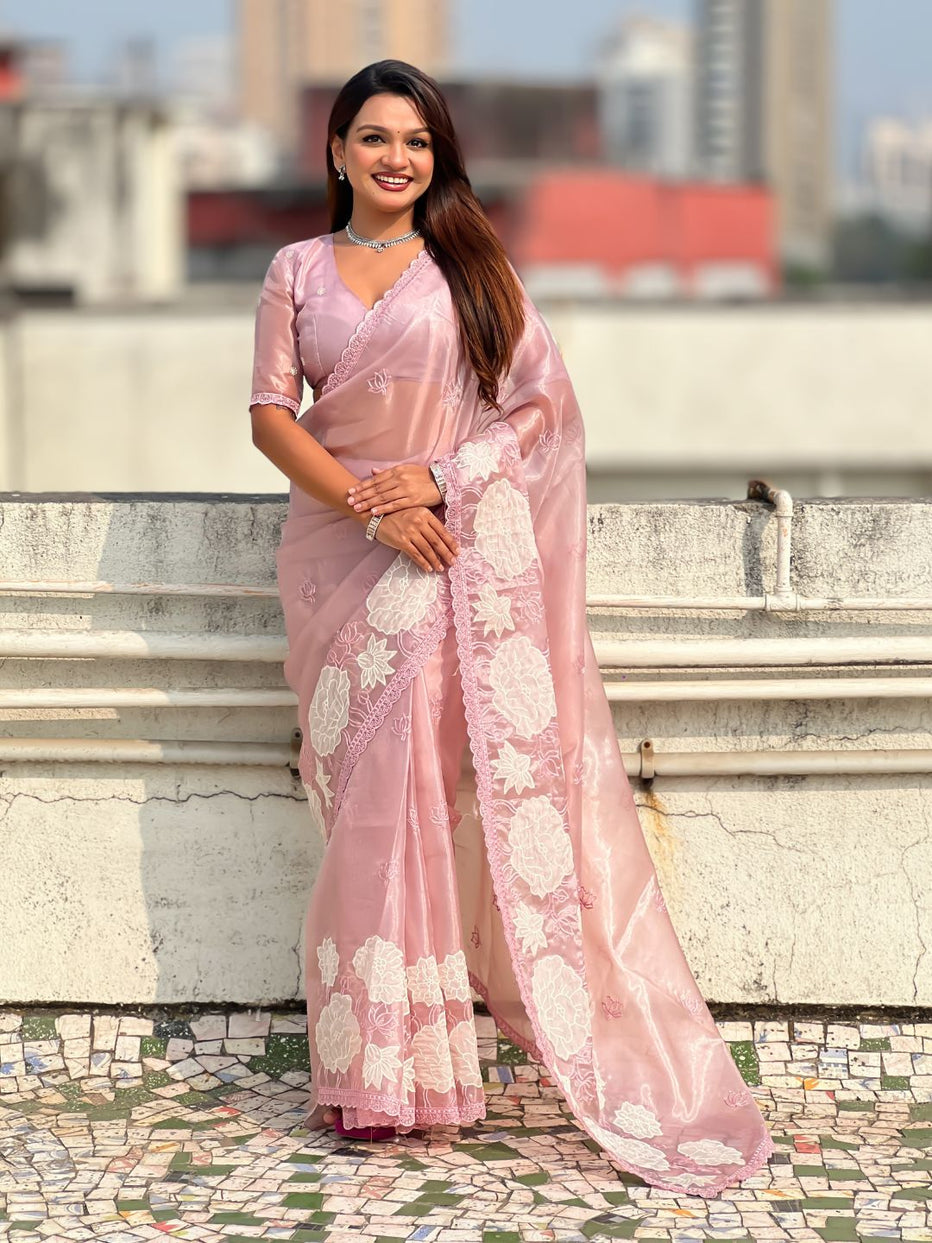 Pink Pure Oris Silk with Lotus Embroidery &amp; Cutwork Border Saree