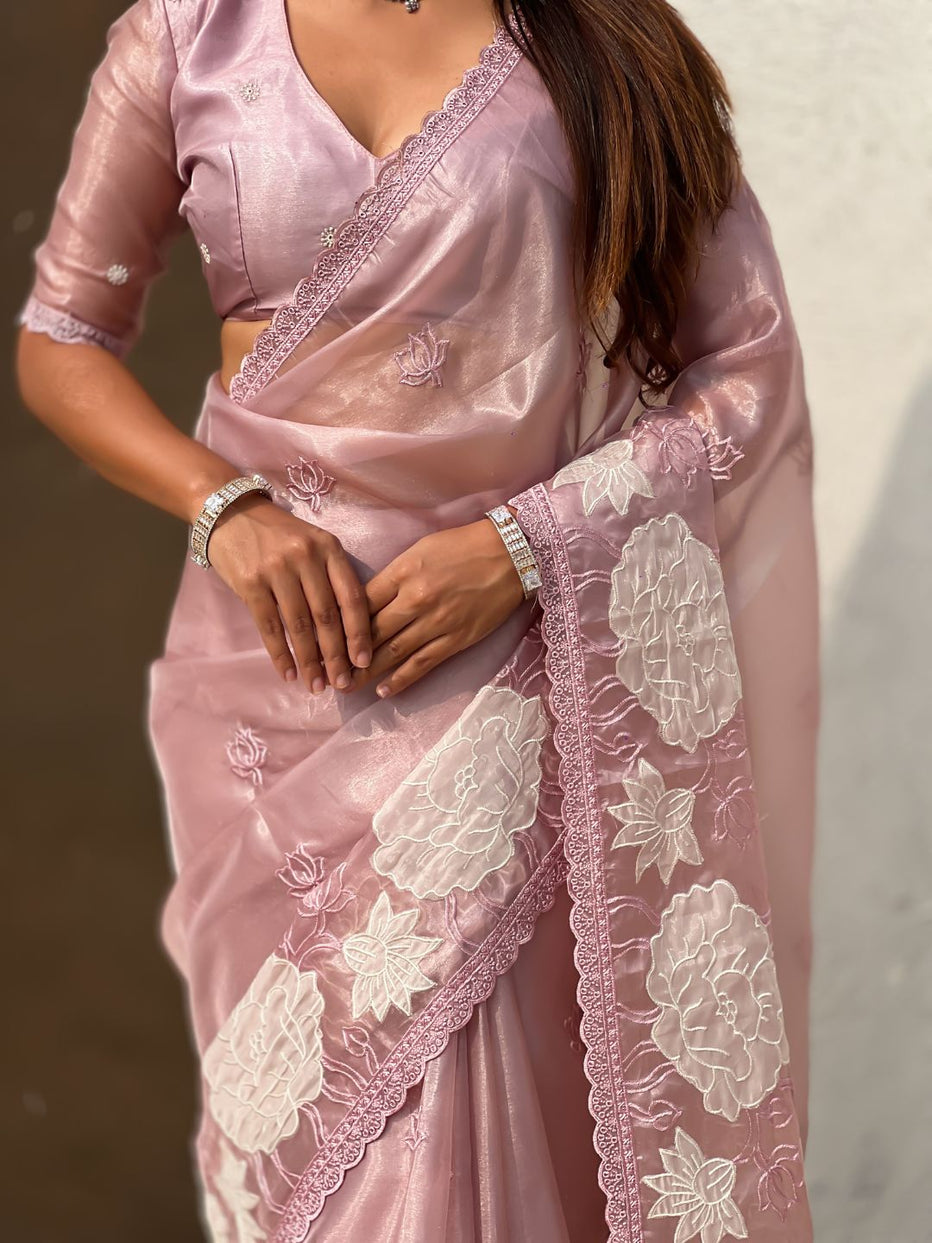Pink Pure Oris Silk with Lotus Embroidery &amp; Cutwork Border Saree