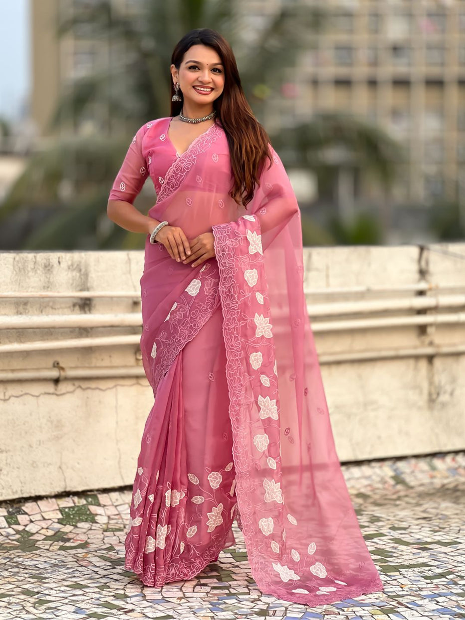 Pink Pure Chandra Kora Silk Floral Embroidery Cutwork Saree 