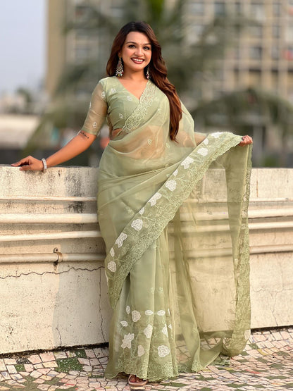 Green Pure Chandra Kora Silk Floral Embroidery Cutwork Saree 