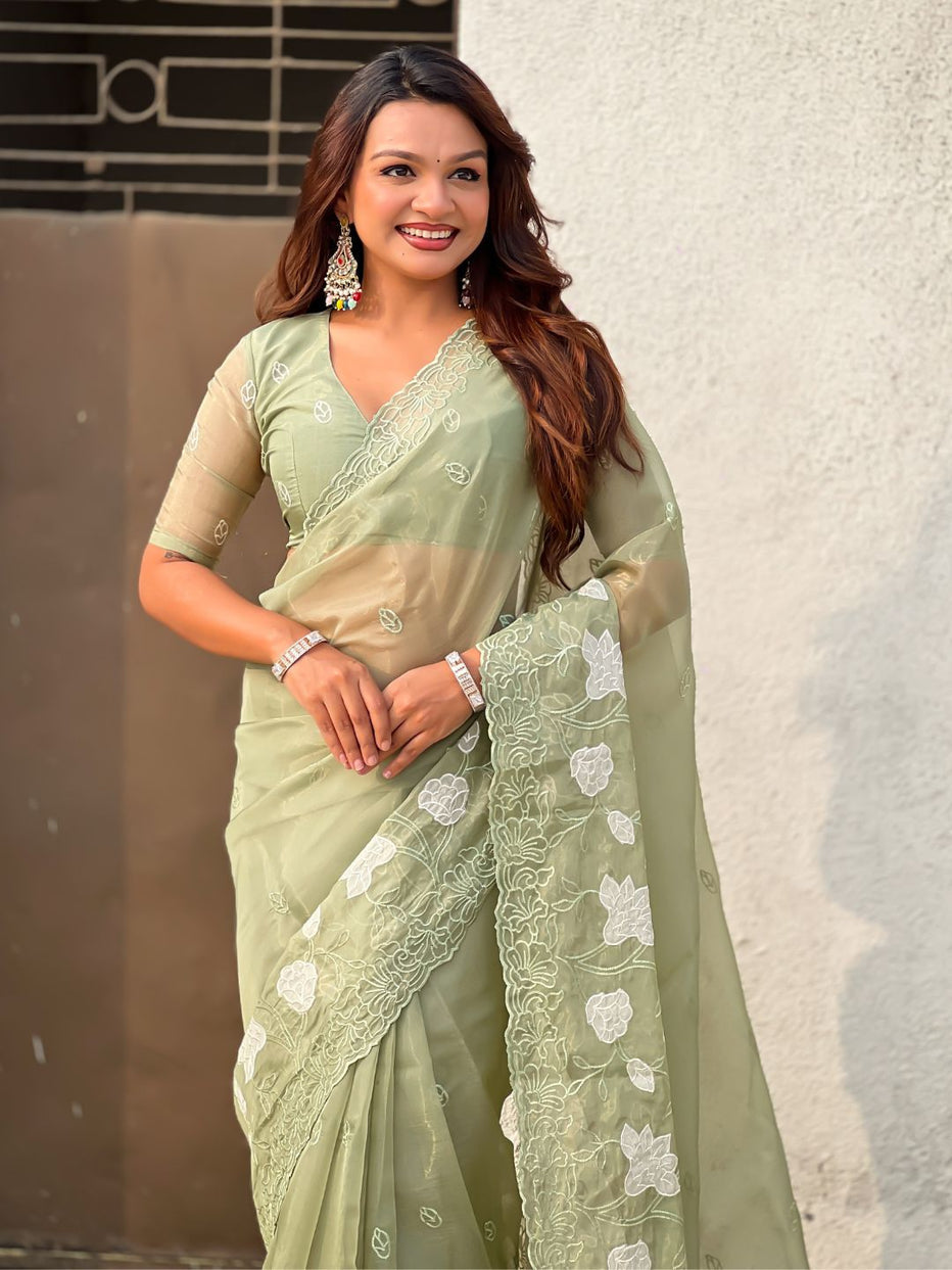 Green Pure Chandra Kora Silk Floral Embroidery Cutwork Saree ##color## Kora Silk Saree with premium fabric and embroidery