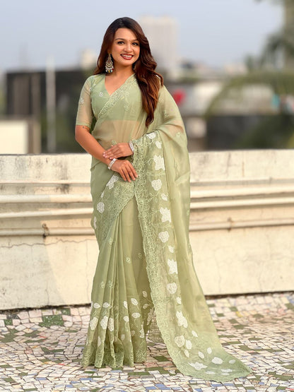 Green Pure Chandra Kora Silk Floral Embroidery Cutwork Saree 
