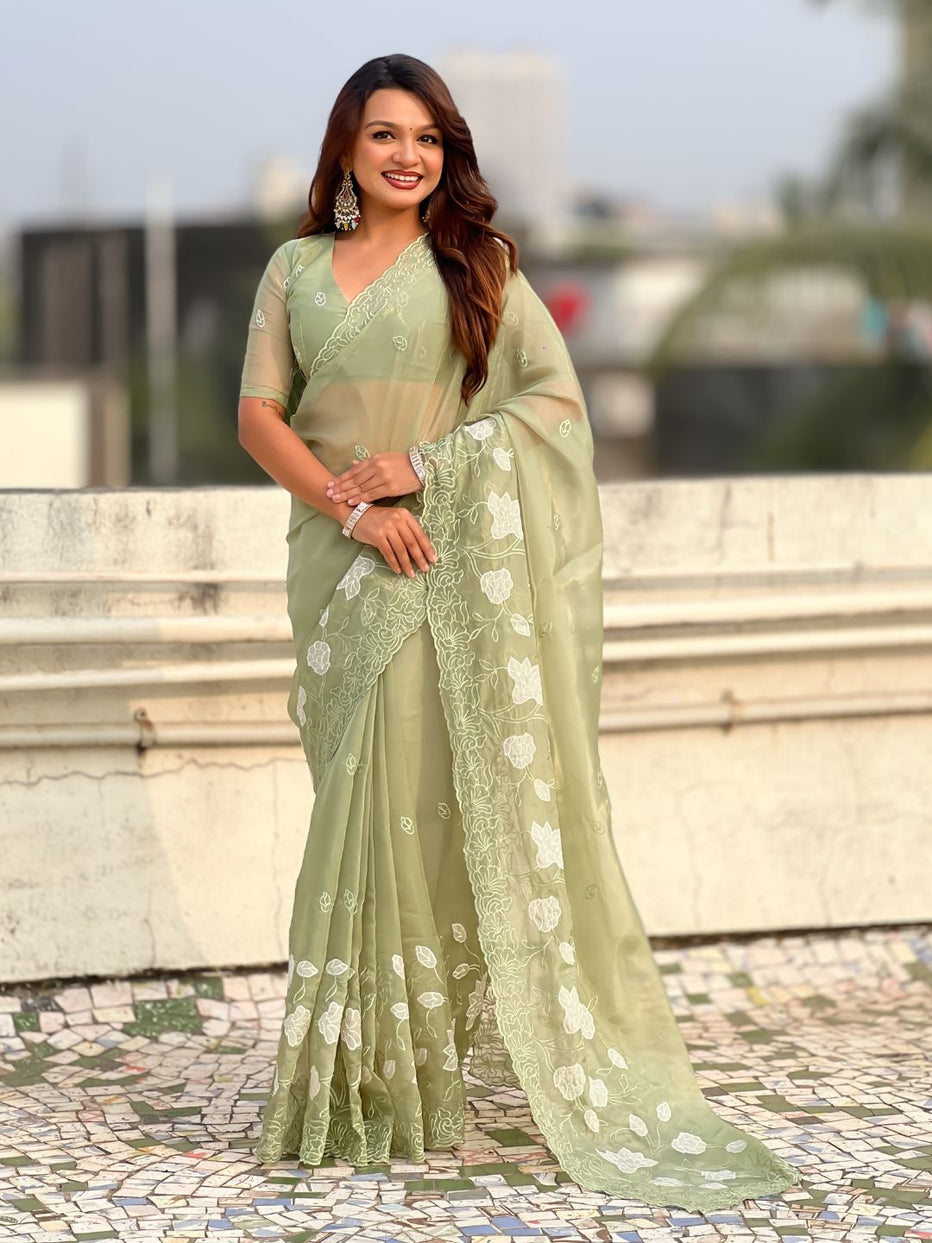 Green Pure Chandra Kora Silk Floral Embroidery Cutwork Saree ##color## Kora Silk Saree with premium fabric and embroidery
