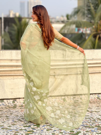 Green Pure Chandra Kora Silk Floral Embroidery Cutwork Saree 