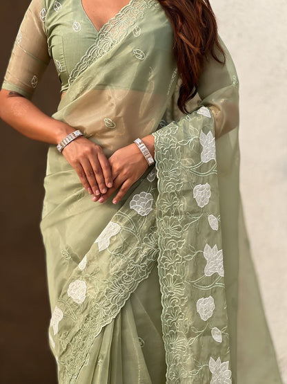 Green Pure Chandra Kora Silk Floral Embroidery Cutwork Saree 