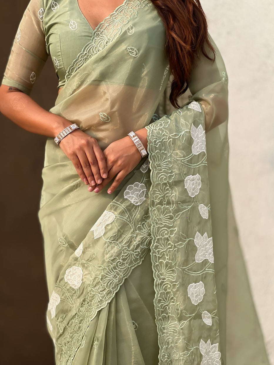 Green Pure Chandra Kora Silk Floral Embroidery Cutwork Saree ##color## Kora Silk Saree with premium fabric and embroidery