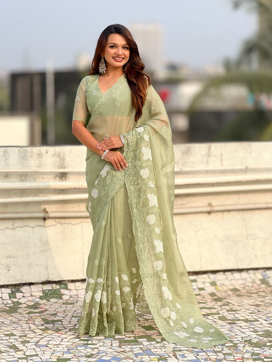 Green Pure Chandra Kora Silk Floral Embroidery Cutwork Saree 