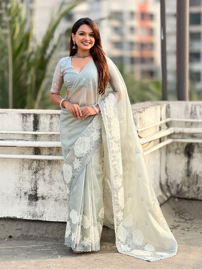 Grey Pure Oris Silk with Lotus Embroidery &amp; Cutwork Border Saree 