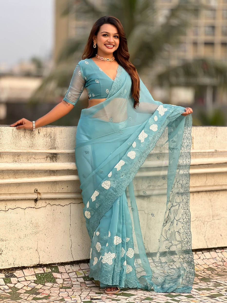 Sky Pure Chandra Kora Silk Floral Embroidery Cutwork Saree ##color## Kora Silk Saree with premium fabric and embroidery