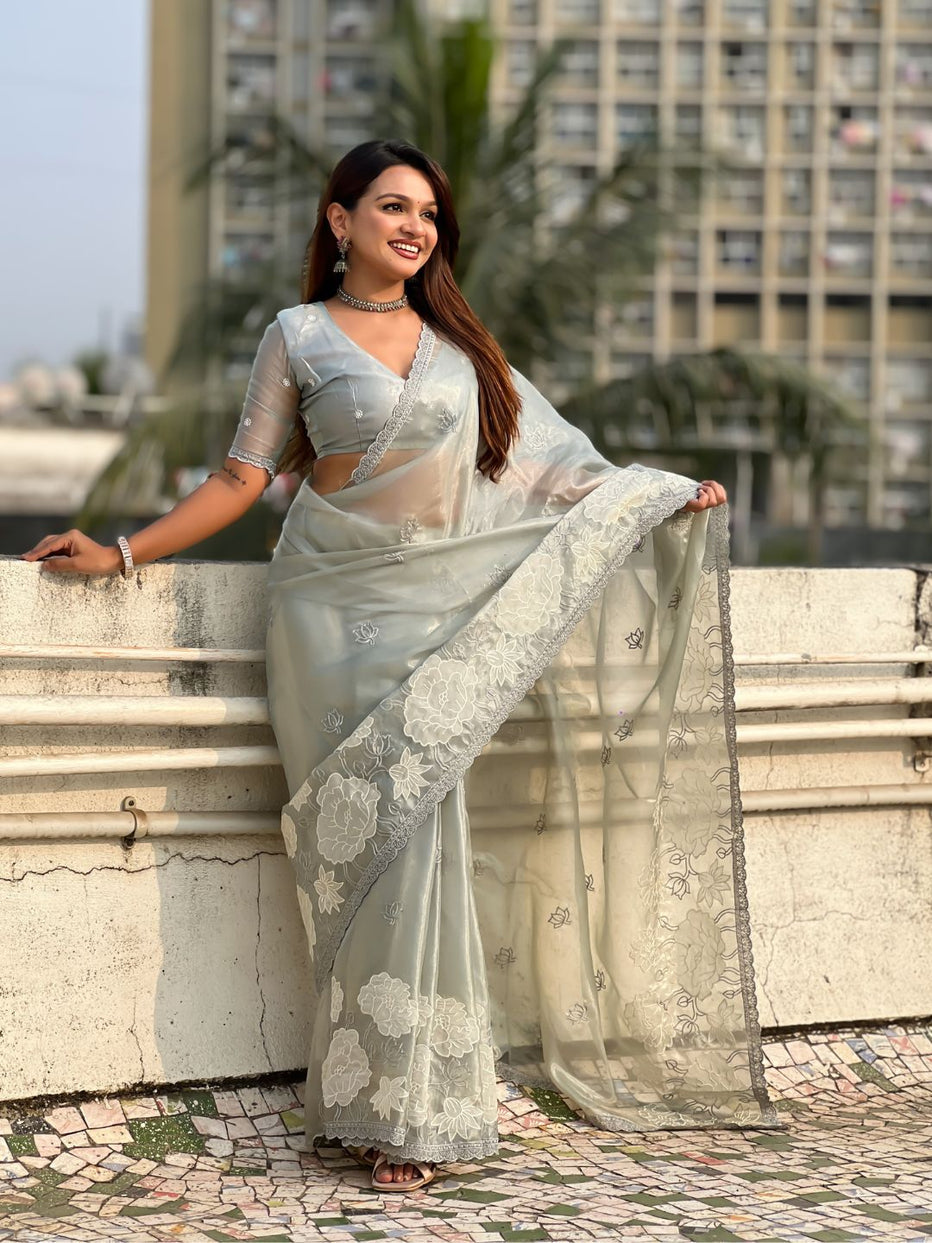 Grey Pure Oris Silk with Lotus Embroidery &amp; Cutwork Border Saree 