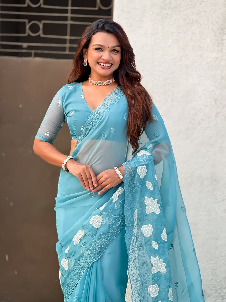 Sky Pure Chandra Kora Silk Floral Embroidery Cutwork Saree 