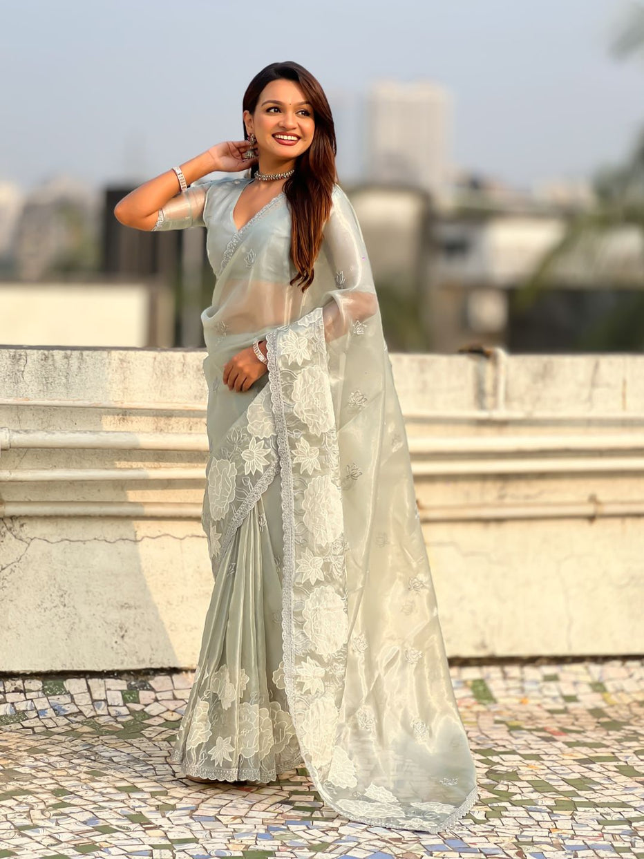 Grey Pure Oris Silk with Lotus Embroidery & Cutwork Border Saree