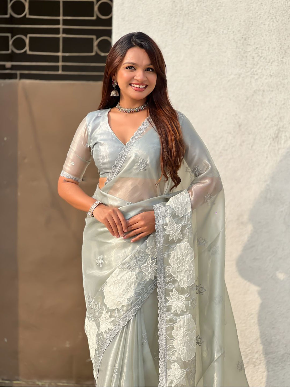Grey Pure Oris Silk with Lotus Embroidery & Cutwork Border Saree
