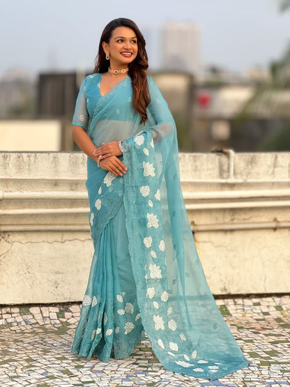 Sky Pure Chandra Kora Silk Floral Embroidery Cutwork Saree 
