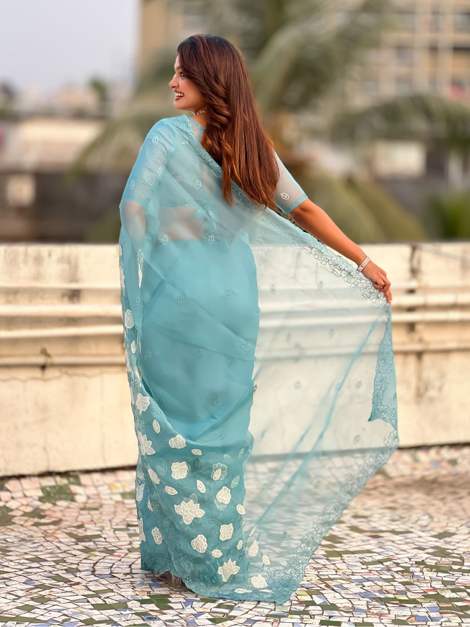 Sky Pure Chandra Kora Silk Floral Embroidery Cutwork Saree 