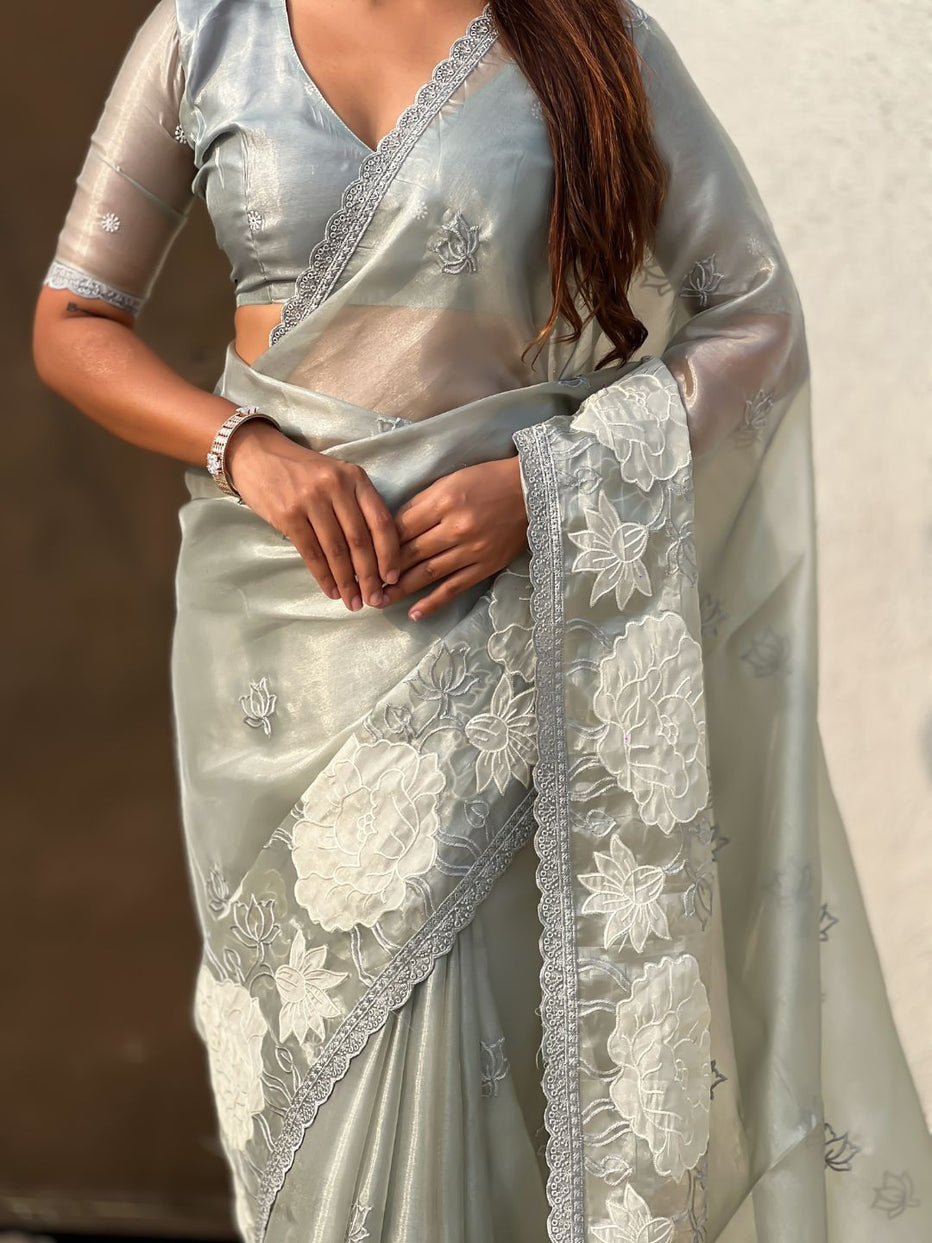 Grey Pure Oris Silk with Lotus Embroidery &amp; Cutwork Border Saree 