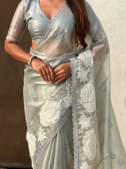 Grey Pure Oris Silk with Lotus Embroidery &amp; Cutwork Border Saree 