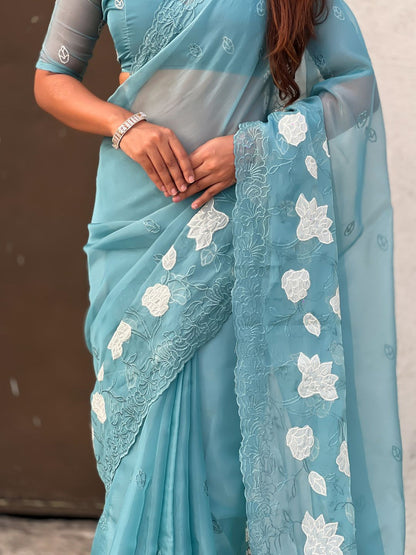 Sky Pure Chandra Kora Silk Floral Embroidery Cutwork Saree 