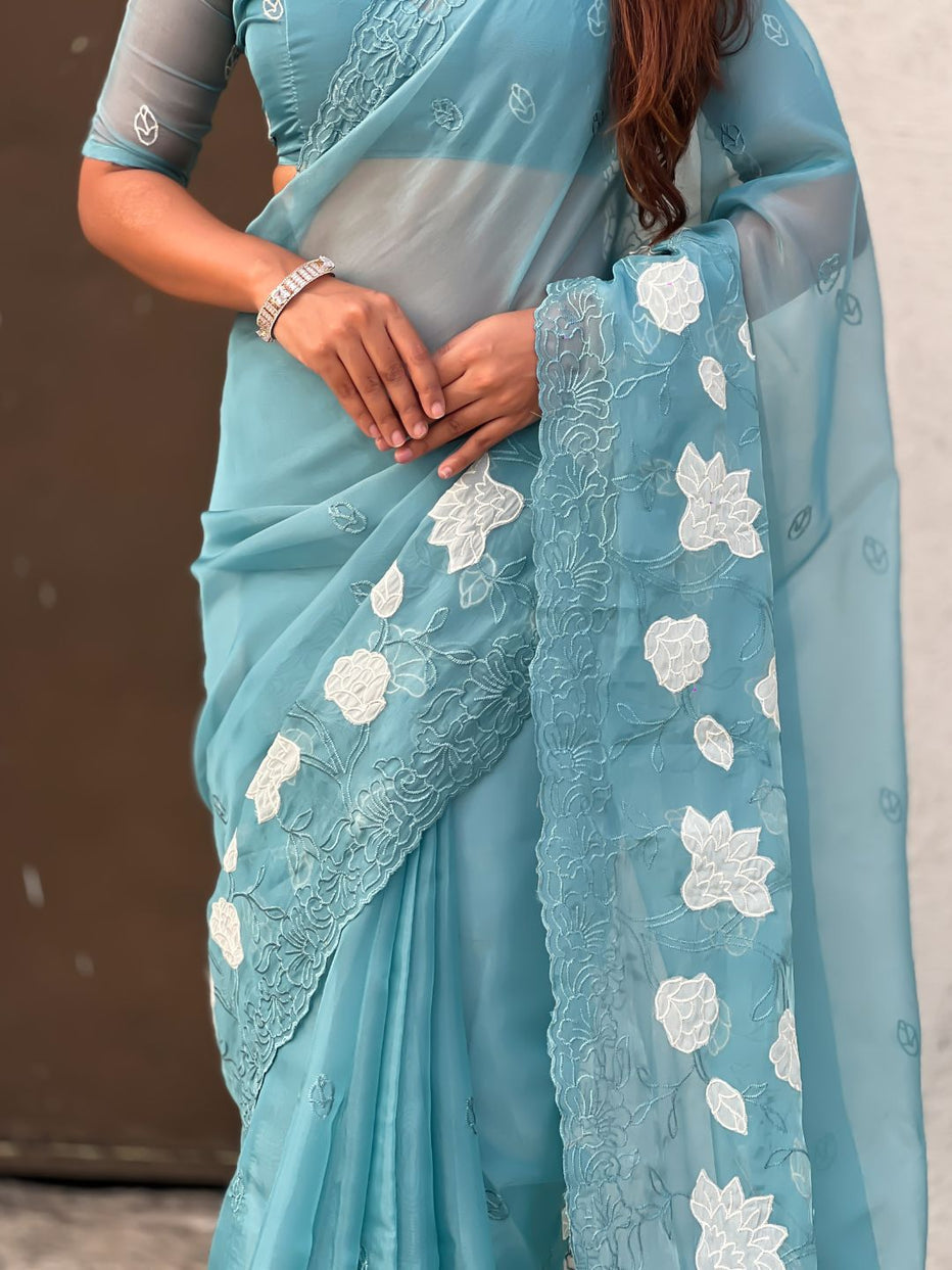 Sky Pure Chandra Kora Silk Floral Embroidery Cutwork Saree ##color## Kora Silk Saree with premium fabric and embroidery