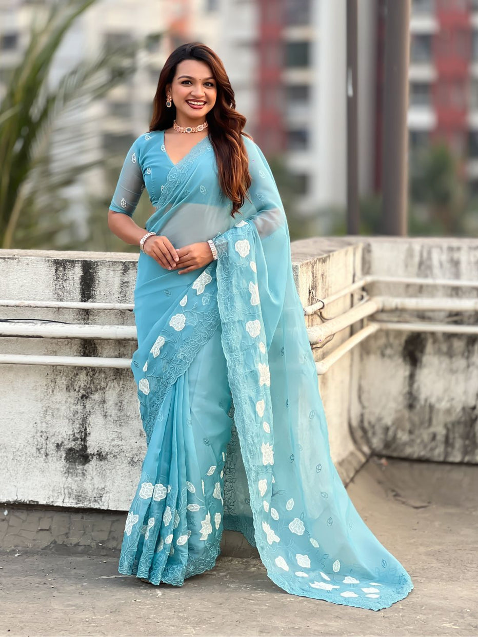 Sky Pure Chandra Kora Silk Floral Embroidery Cutwork Saree ##color## Kora Silk Saree with premium fabric and embroidery