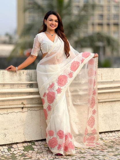 White Pure Oris Silk with Lotus Embroidery &amp; Cutwork Border Saree 
