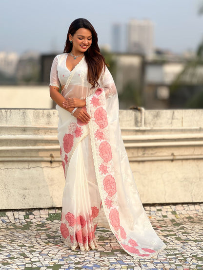 White Pure Oris Silk with Lotus Embroidery &amp; Cutwork Border Saree 