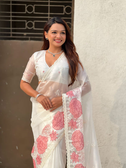 White Pure Oris Silk with Lotus Embroidery &amp; Cutwork Border Saree 