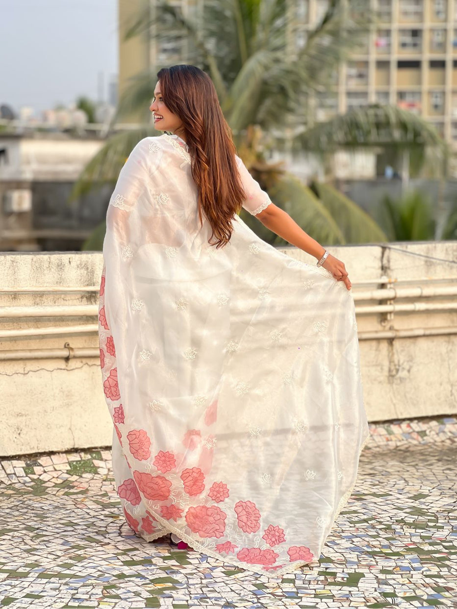 White Pure Oris Silk with Lotus Embroidery &amp; Cutwork Border Saree 