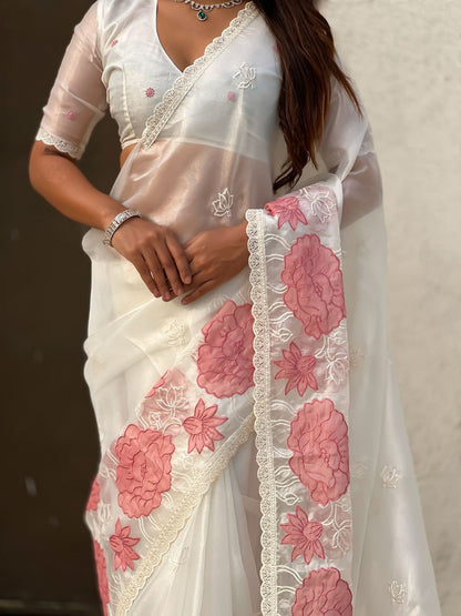 White Pure Oris Silk with Lotus Embroidery &amp; Cutwork Border Saree 