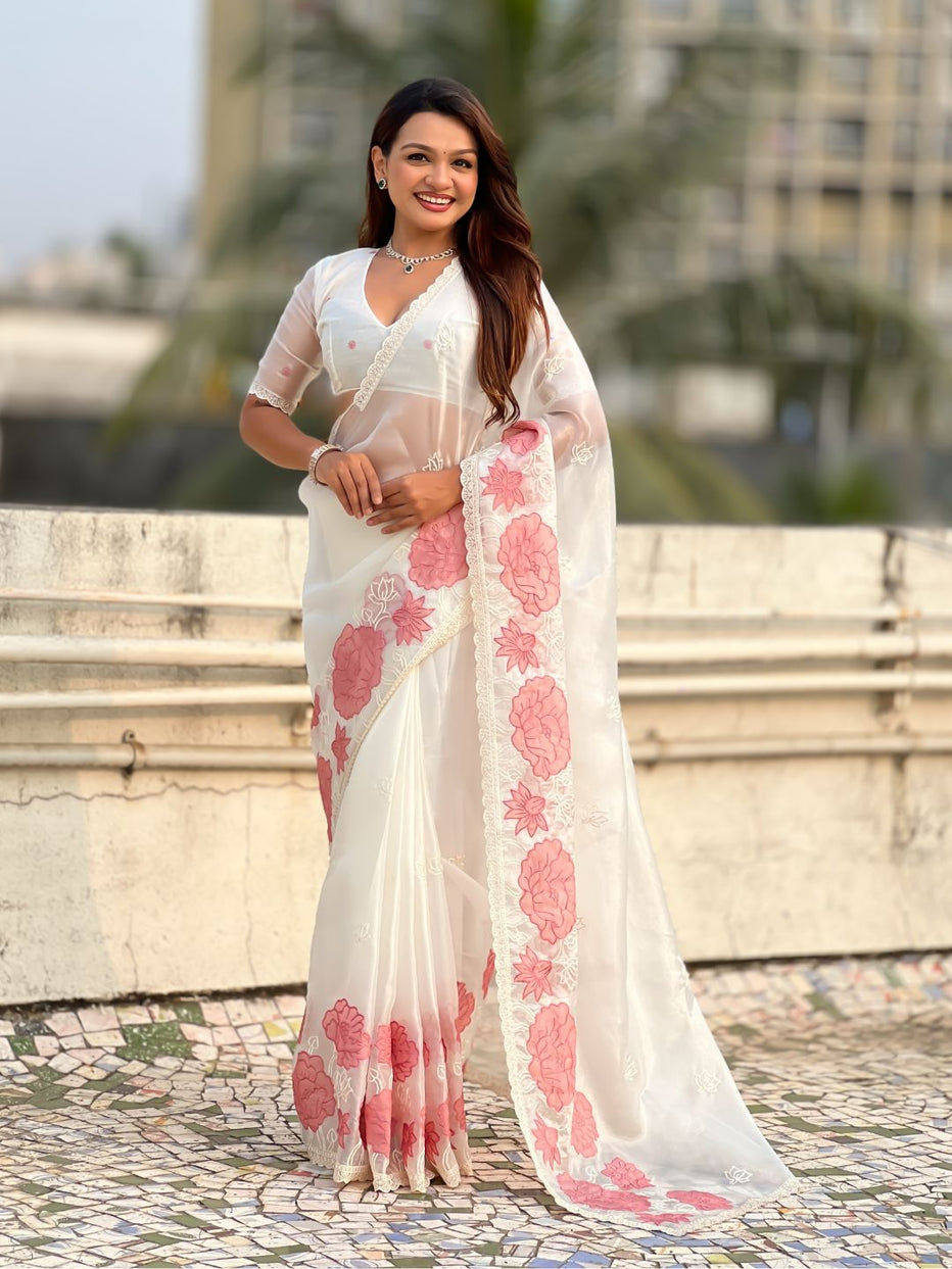 White Pure Oris Silk with Lotus Embroidery &amp; Cutwork Border Saree 