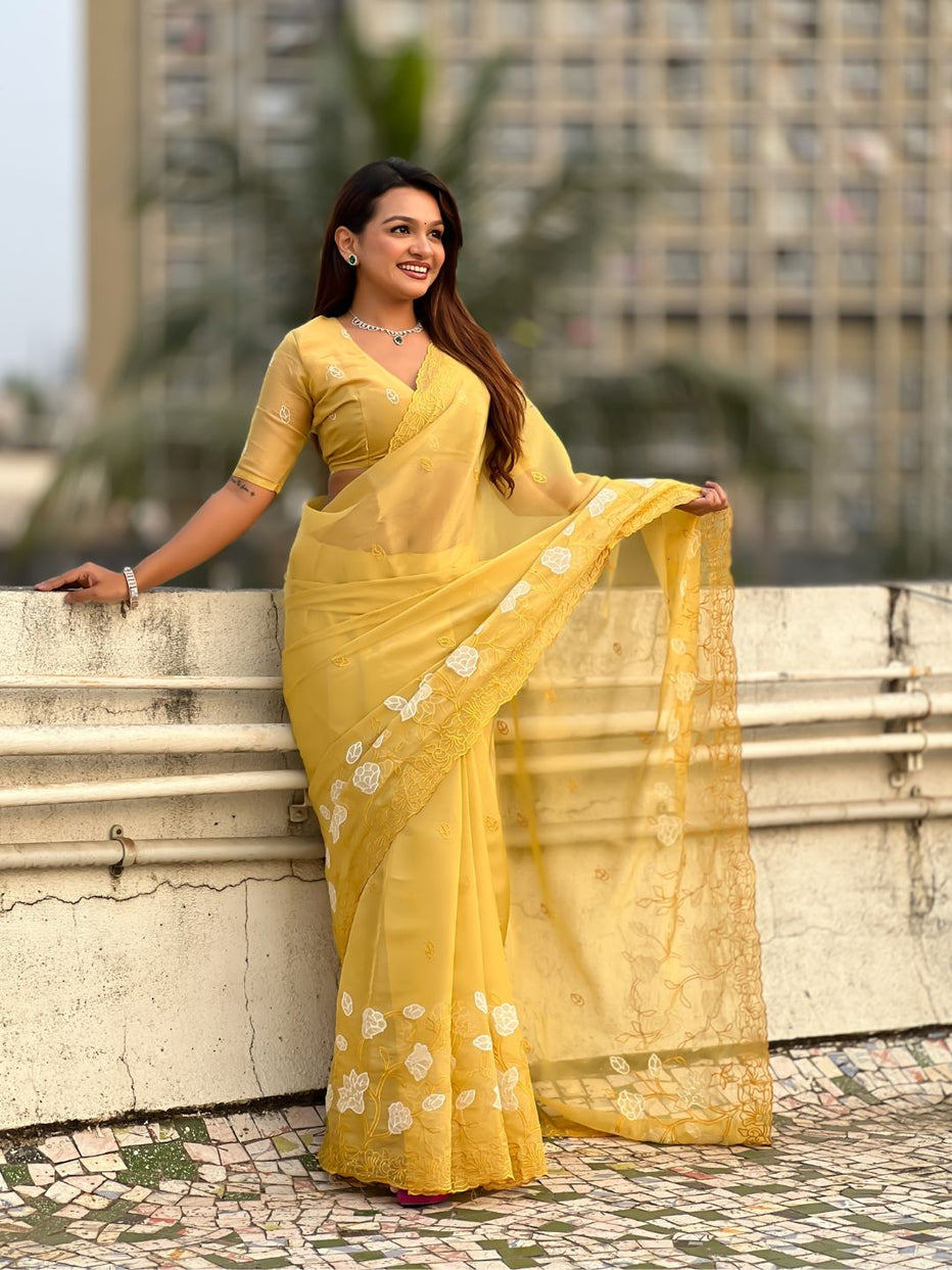 Yellow Pure Chandra Kora Silk Floral Embroidery Cutwork Saree 