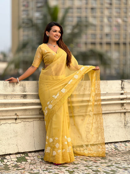 Yellow Pure Chandra Kora Silk Floral Embroidery Cutwork Saree 