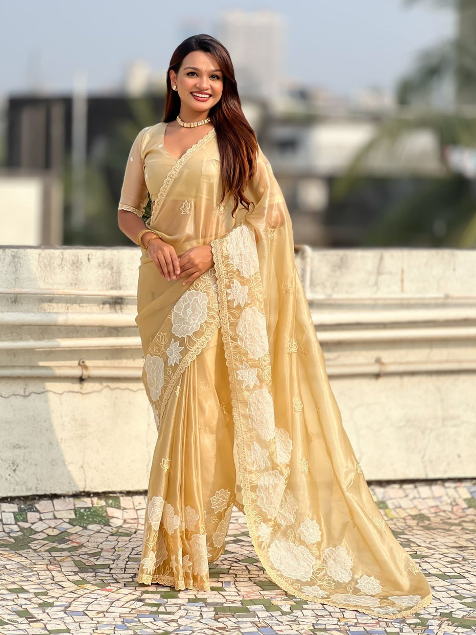 Yellow Pure Oris Silk with Lotus Embroidery & Cutwork Border Saree