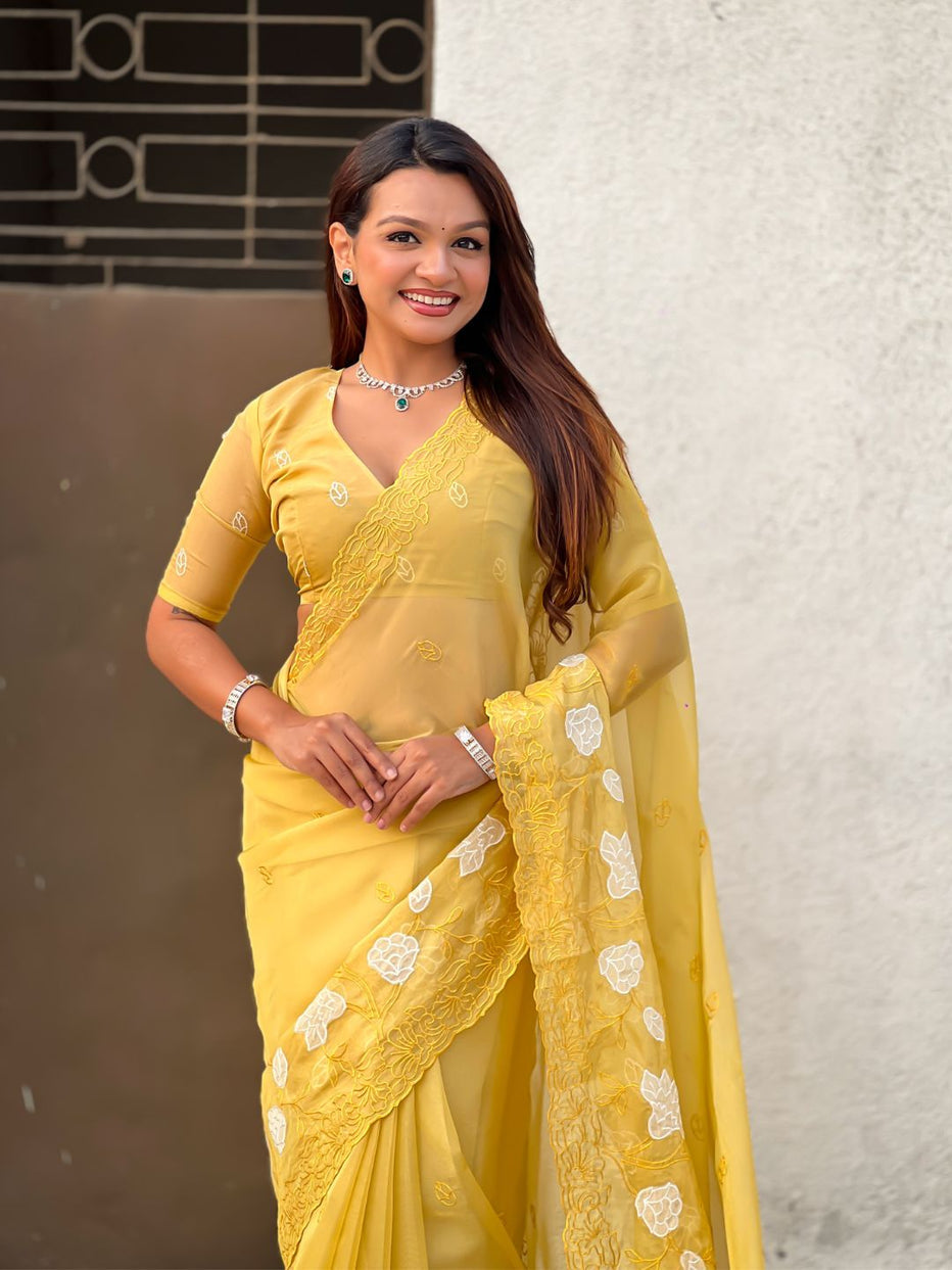 Yellow Pure Chandra Kora Silk Floral Embroidery Cutwork Saree ##color## Kora Silk Saree with premium fabric and embroidery