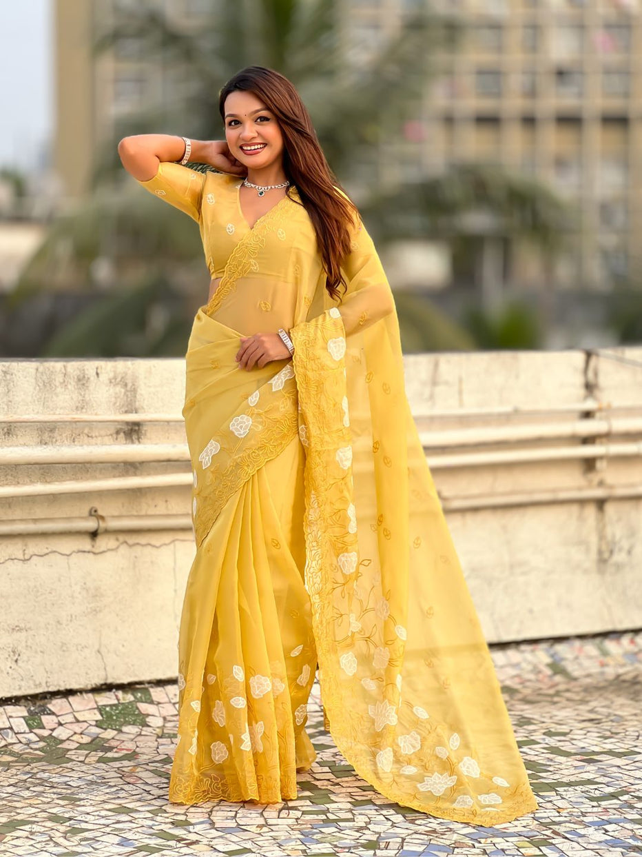Yellow Pure Chandra Kora Silk Floral Embroidery Cutwork Saree 
