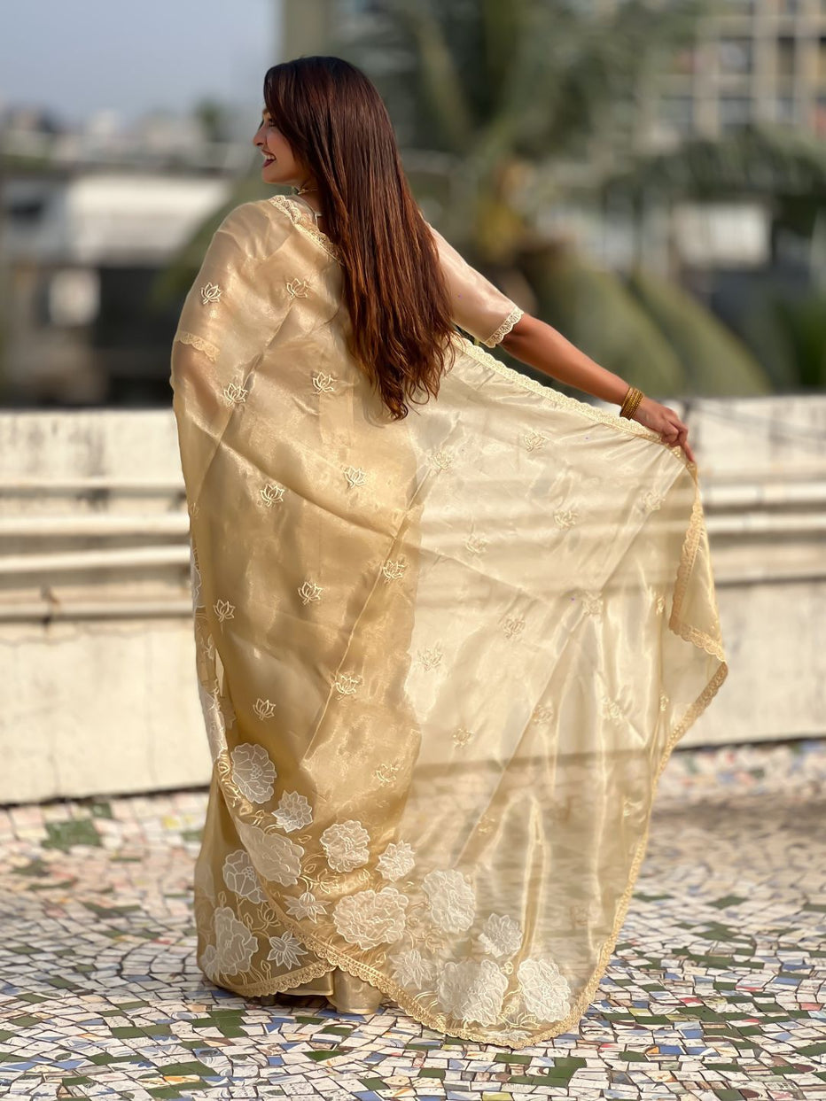 Yellow Pure Oris Silk with Lotus Embroidery &amp; Cutwork Border Saree 