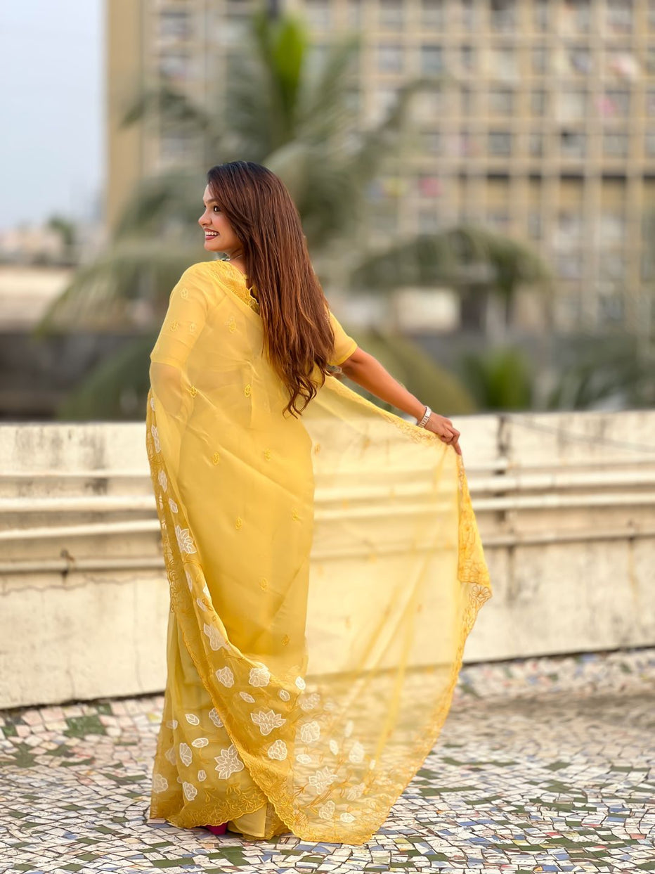 Yellow Pure Chandra Kora Silk Floral Embroidery Cutwork Saree 