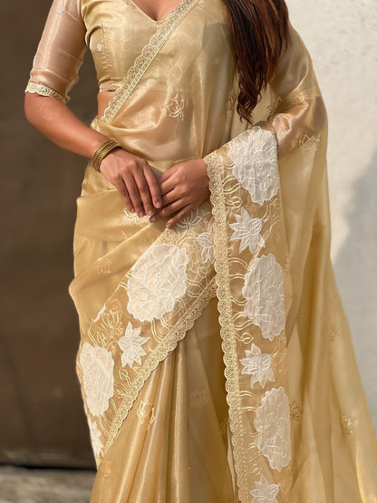 Yellow Pure Oris Silk with Lotus Embroidery &amp; Cutwork Border Saree 
