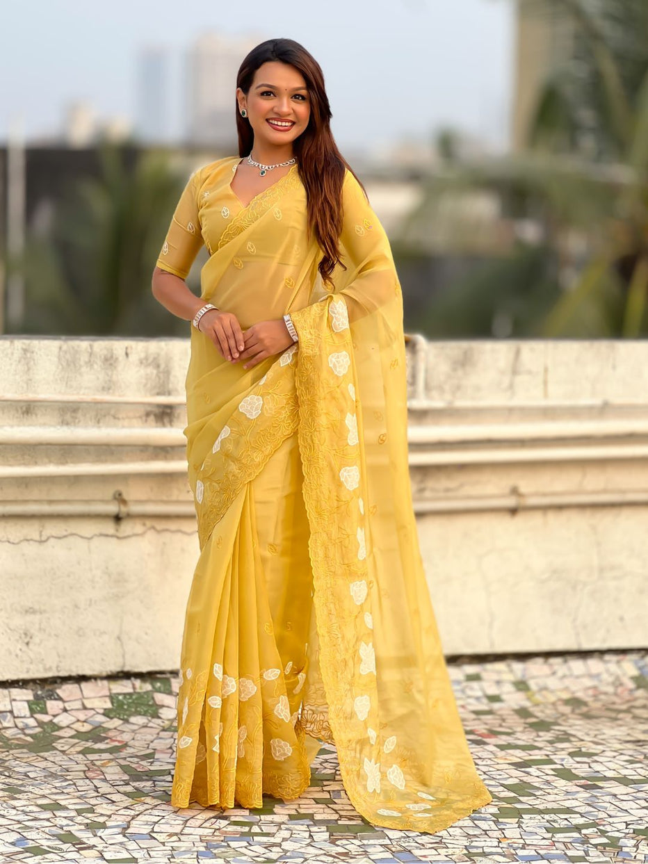 Yellow Pure Chandra Kora Silk Floral Embroidery Cutwork Saree ##color## Kora Silk Saree with premium fabric and embroidery