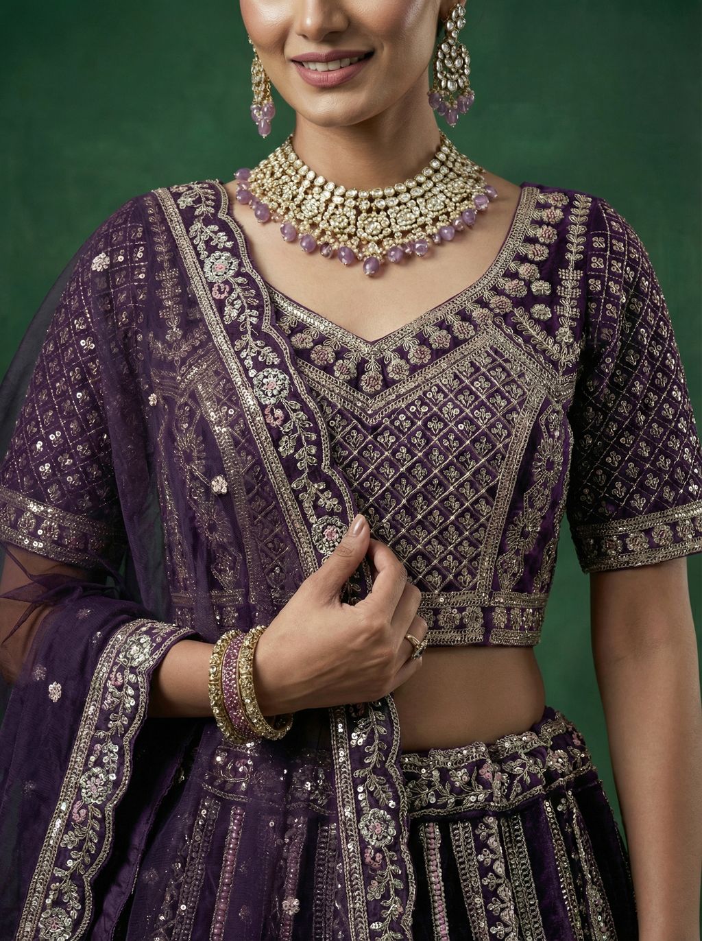Purple Pure Soft Satin Silk Heavy Embroidery Work Bridal Lehenga