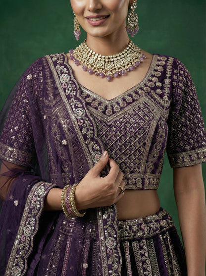 Purple Pure Soft Satin Silk Heavy Embroidery Work Bridal Lehenga