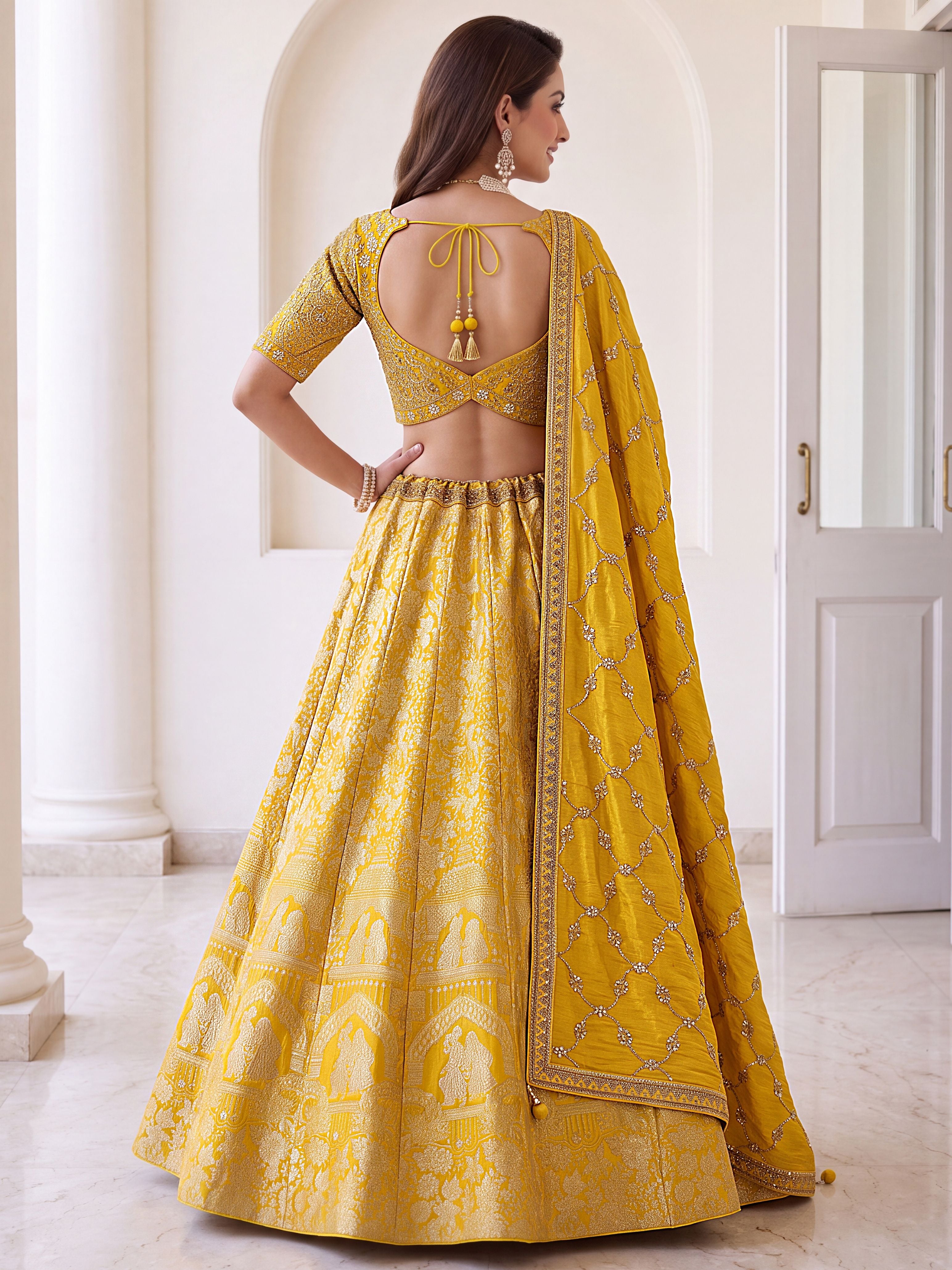 Royal Yellow Pure Banarasi Silk Zari Figure Pattern Weaving Work Bridal Lehenga Choli